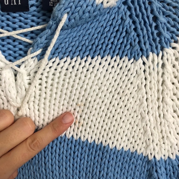 GAP Blue & White Chunky Cotton Sweater w/ Laced V-Neck - Picture 3 of 7